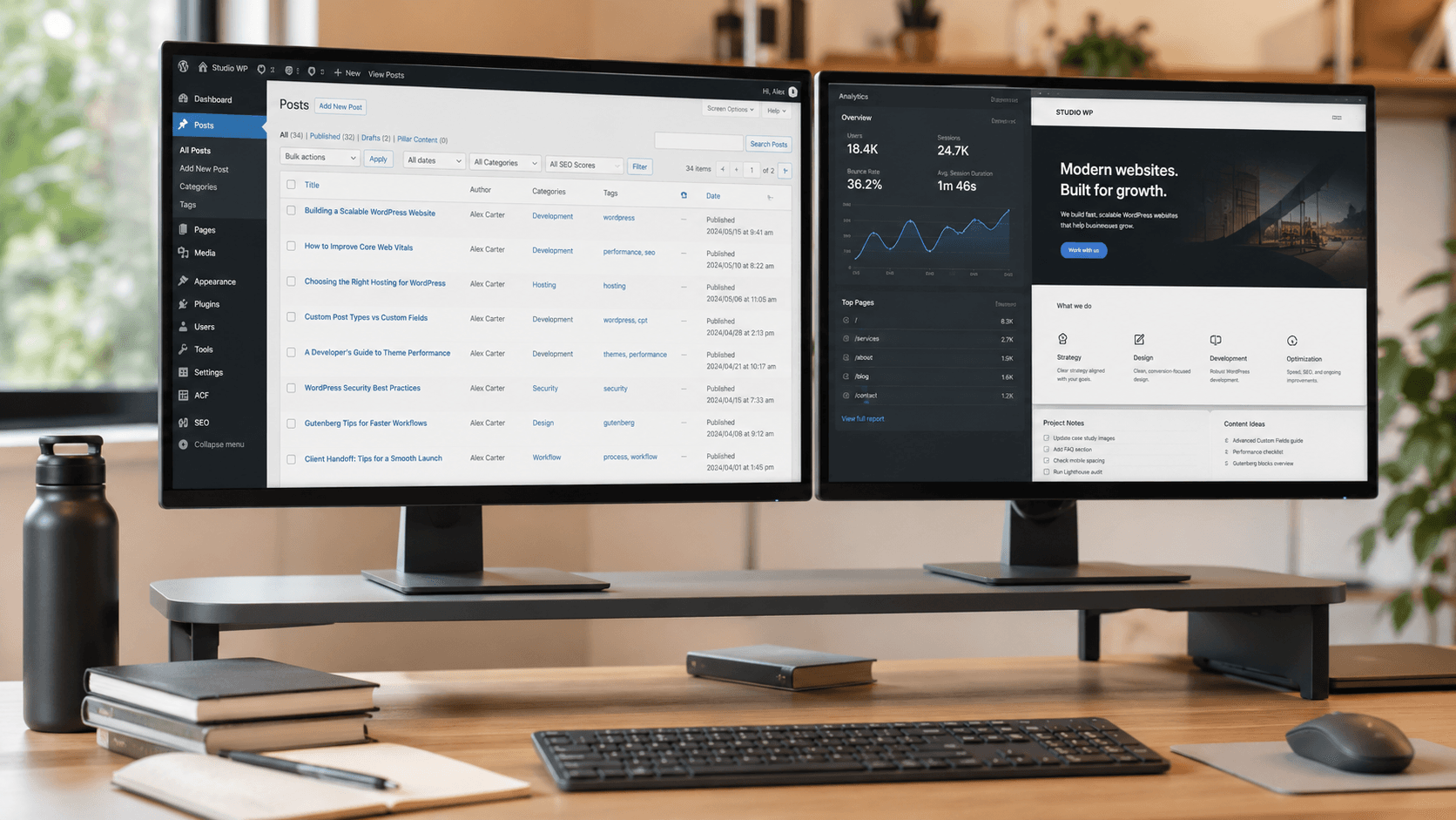 WordPress admin screens showing a modernized site dashboard